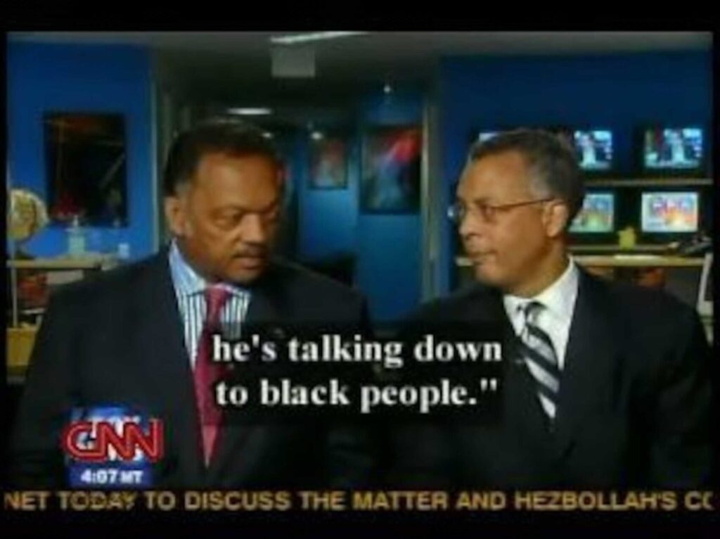 A screenshot of Jesse Jackson overheard talking to an aid saying about Presiden Obama "He's talking down to black people."